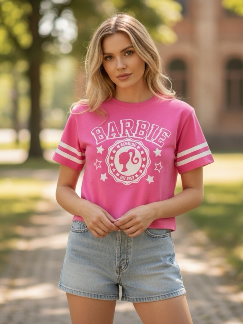 Barbie Girls S 4-6 Pink Varsity Graphic Tee Genuine 1959
